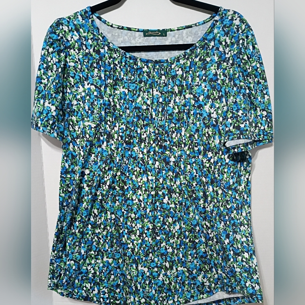 Babydoll Pleated Short Sleeve Floral Tee - Blue & Green
